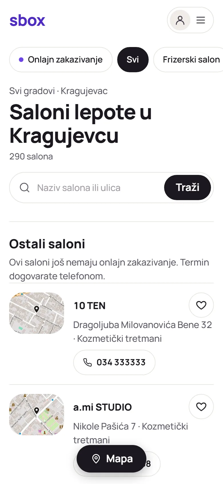 Katalog salona lepote na sbox.rs: saloni u gradu sa pretragom i mapom