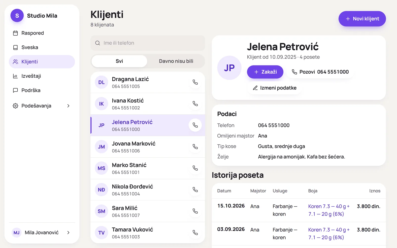 Kartoteka klijentkinje: podaci, želje i istorija poseta sa recepturom boje