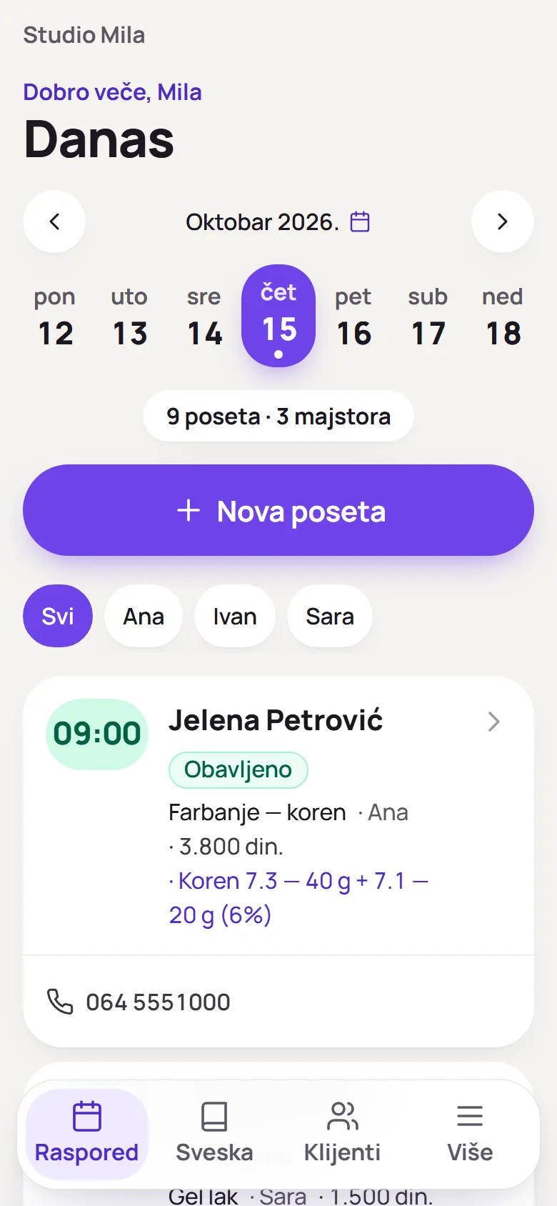 Raspored na telefonu: dani u nedelji, dugme Nova poseta i posete po majstorima